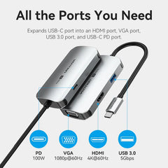 Ven TQAHB Vention USB-C Multi-Functional 4 In 1 Docking Station Type C To HDMI, VGA,USB 3.0,PD(100W)Docking Station