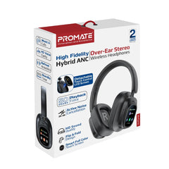 Promate VuTune High-Definition Hybrid ANC Headphones with Detachable Magnetic LCD Touch Screen Controller.