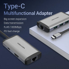 Ven CNCHB Vention USB-C Multi-Functional 6 In 1 Docking Station - Type C to HDMI/USB3.0(3 Ports)/RJ45/PD(87W) Converter 0.15M Gray