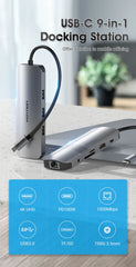 Ven TOLHB Vention USB Multi-Functional 9 In 1 Docking Station-Type C to HDMI/USB 3.0*3/RJ45/SD/TF/TRRS 3.5mm/PD (100W) Docking Station 0.15M Gray Aluminium Alloy Type