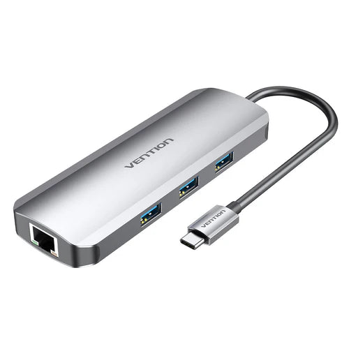 Ven TOLHB Vention USB Multi-Functional 9 In 1 Docking Station-Type C to HDMI/USB 3.0*3/RJ45/SD/TF/TRRS 3.5mm/PD (100W) Docking Station 0.15M Gray Aluminium Alloy Type