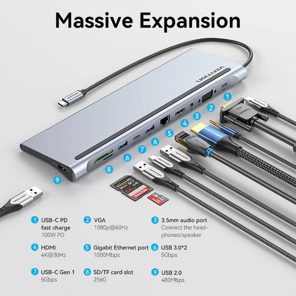 Vention THTHC USB Multi-Funtional 11 In 1 Docking Station-Type C To Multi-Function USB-C To HDMI/VGA/USB-C Gen 1/USB 3.0*2/USB 2. 0/RJ45/SD/TF/TRRS 3.5mm/PD Docking Station 0.25m Gray Meta Type0