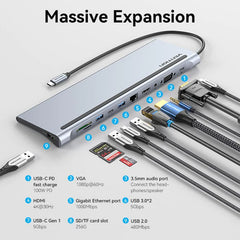 Vention THTHC USB Multi-Funtional 11 In 1 Docking Station-Type C To Multi-Function USB-C To HDMI/VGA/USB-C Gen 1/USB 3.0*2/USB 2. 0/RJ45/SD/TF/TRRS 3.5mm/PD Docking Station 0.25m Gray Meta Type0