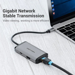 Ven CNCHB Vention USB-C Multi-Functional 6 In 1 Docking Station - Type C to HDMI/USB3.0(3 Ports)/RJ45/PD(87W) Converter 0.15M Gray